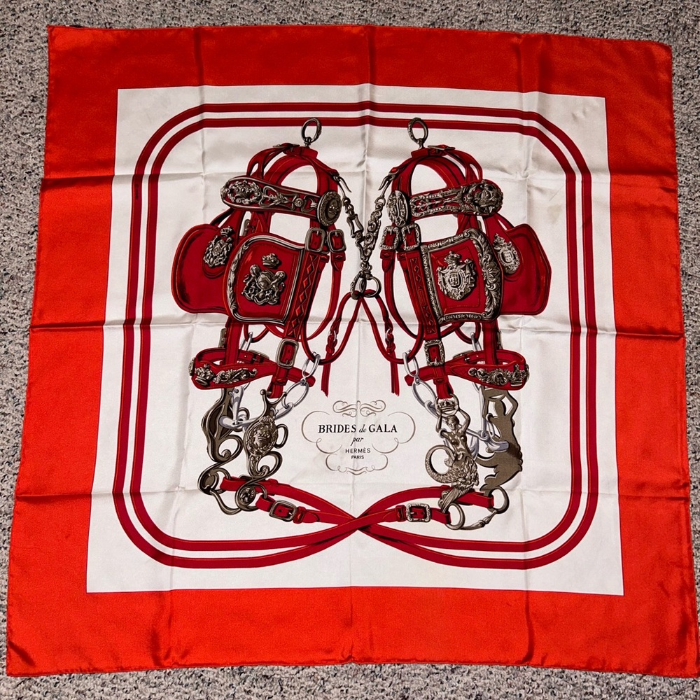 Authentic HERMES Carro 90 Scarf “Brides de Gala par” red 100% silk 34”